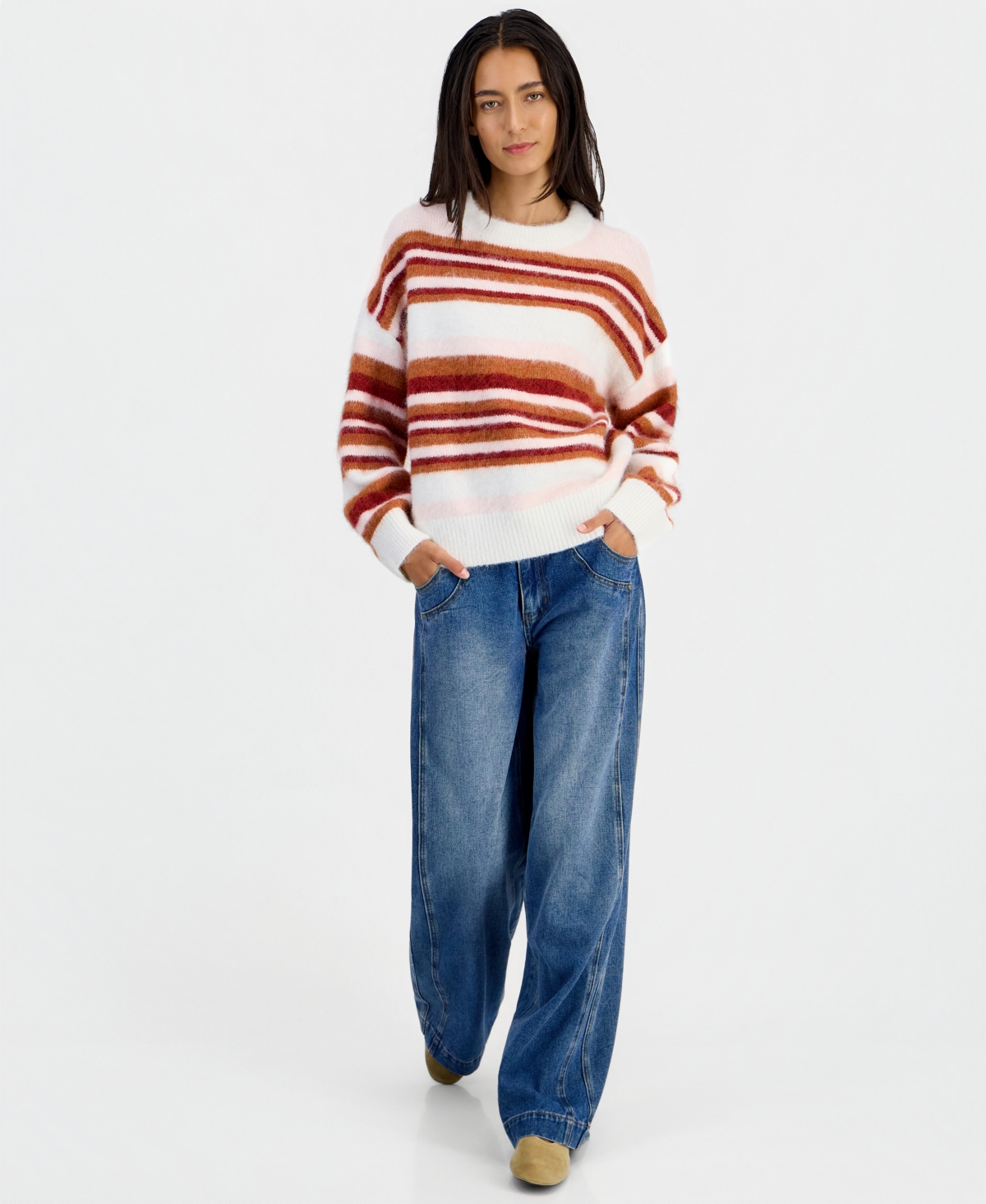 And Now This Women's Stripe Slouchy Crew Brushed Sweater, Macy's Exclusive