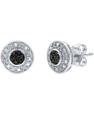 Black Diamond (1/20 ct. t.w.) & White Diamond (1/10 ct. t.w.) Halo Cluster Stud Earrings in Sterling Silver