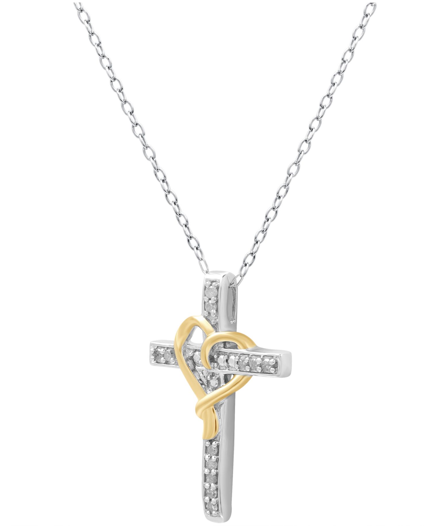 Diamond Cross & Heart 18" Pendant Necklace (1/10 ct. t.w.) in Sterling Silver & 14k Gold-Plate