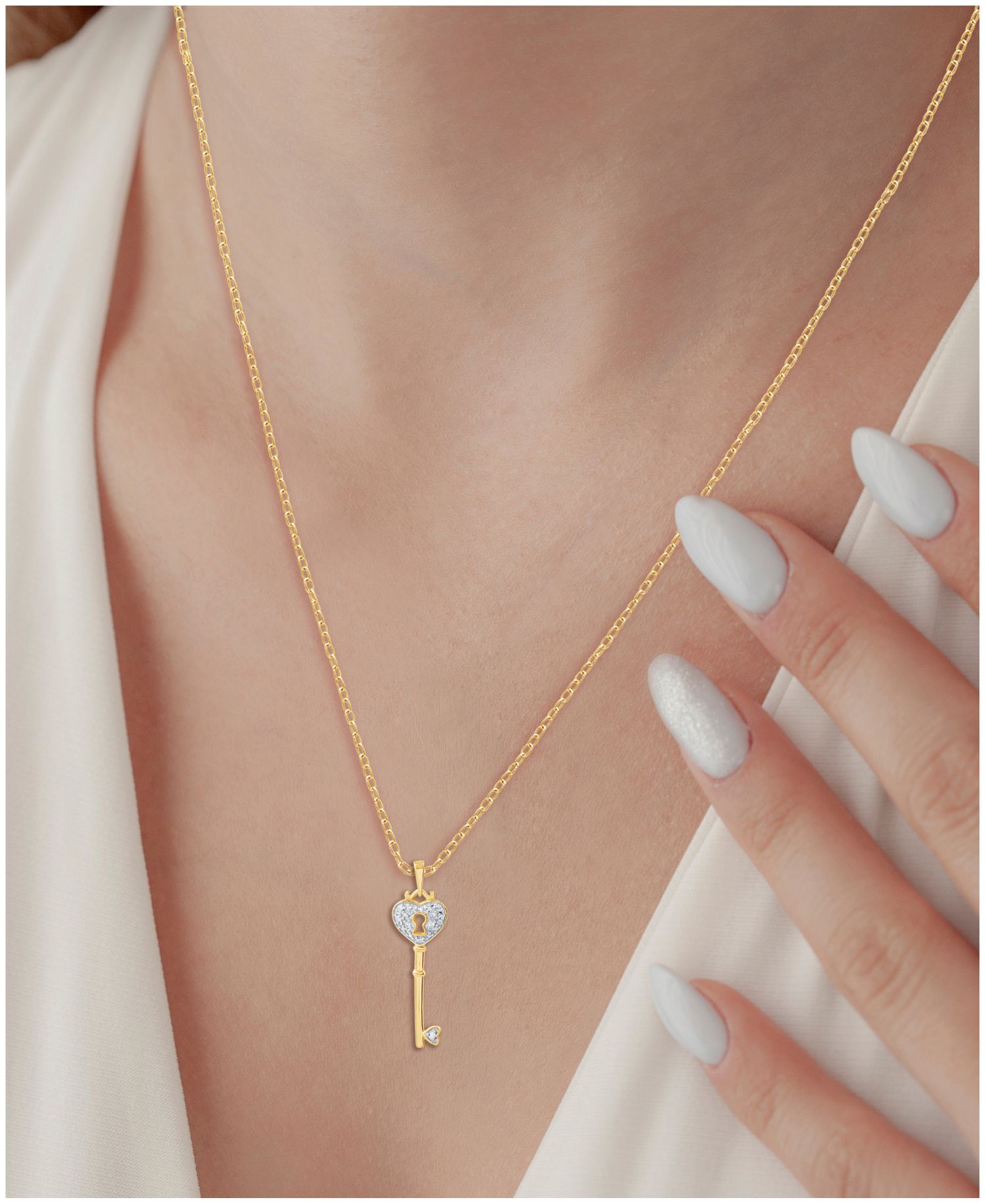 Diamond Heart Lock Key Pendant Necklace in 18k Gold over Sterling Silver(1/10 ct. t.w.)