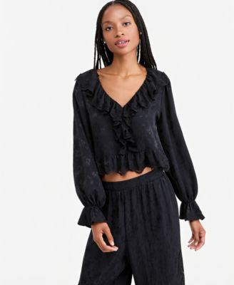 Women's Balloon-Sleeve Ruffle-Jacquard Blouse