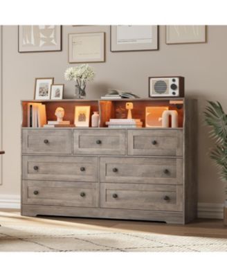 7-Drawer Dresser with LED Lights & Charging Station, Wooden Storage Chest with Open Compartments for Bedroom