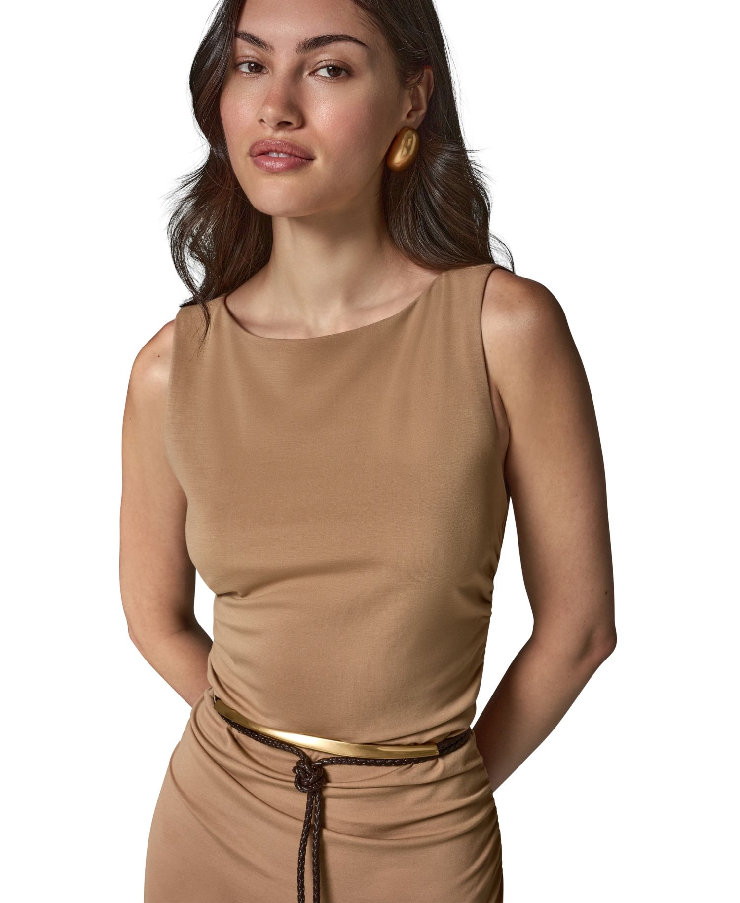 Sleeveless Boat Neck Ponte Belted Midi Sheath Dress