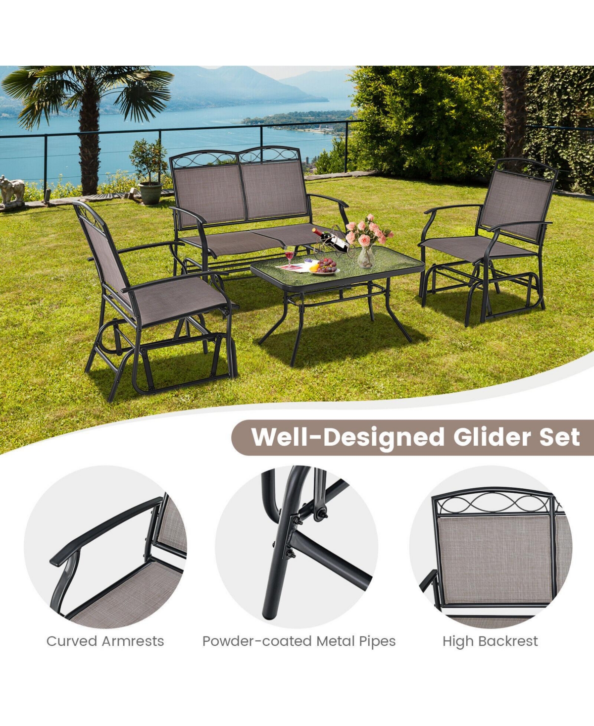 Sugift 4 Piece Patio Glider Conversation Set with Tempered Glass Coffee Table Top