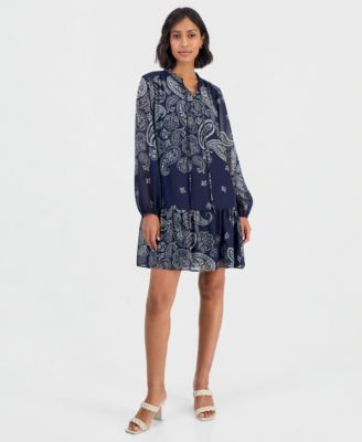 Women's Long-Sleeve Tiered Chiffon Mini Dress