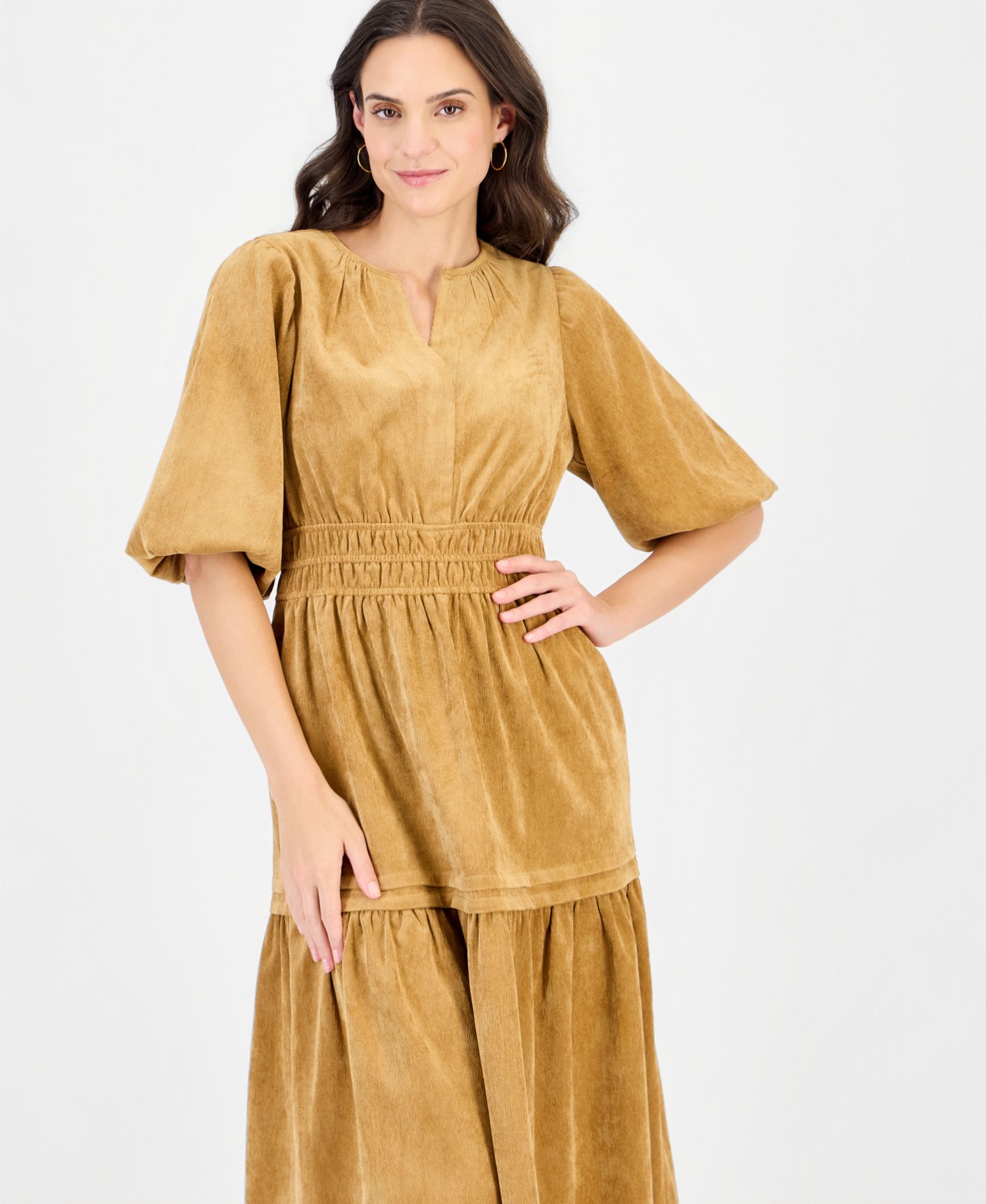 Women's Corduroy Smocked-Waist Tiered Dress