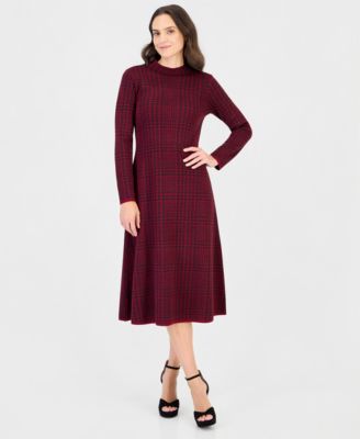 Women's Mock Neck Long-Sleeve Plaid Sweater Dress