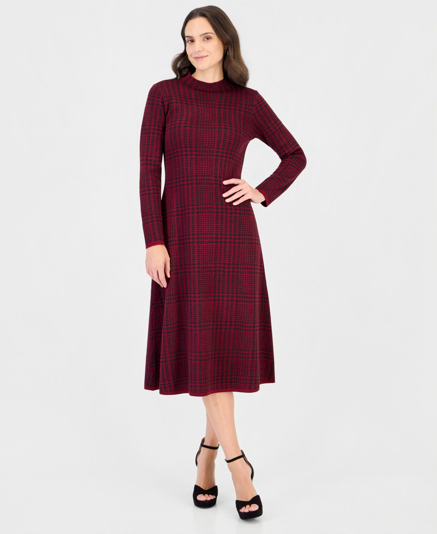 Women's Mock Neck Long-Sleeve Plaid Sweater Dress