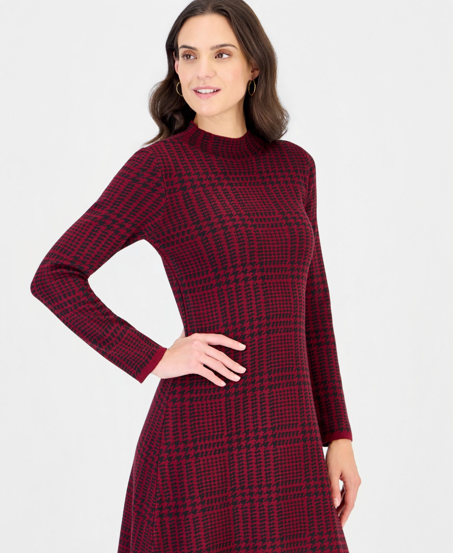 Women's Mock Neck Long-Sleeve Plaid Sweater Dress