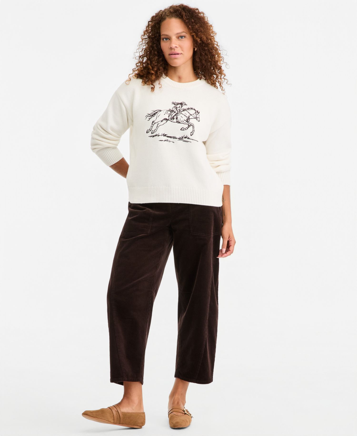 Women's Crewneck Embroidered Horse Long-Sleeve Sweater