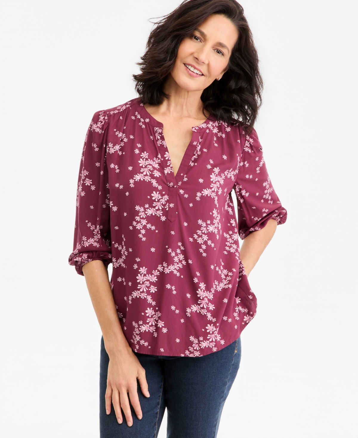 Style & Co Women's Printed Volume 3/4-sleeve Blouse, Macy's Exclusive In Scattered Floral Brickberry