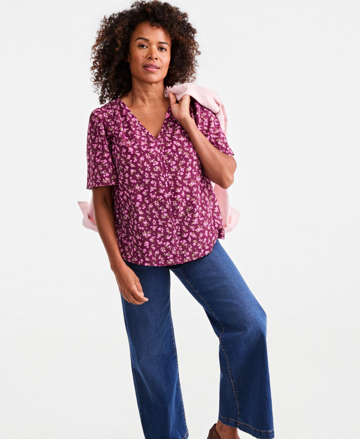 Women's Printed V-Neck Flutter Sleeve Blouse