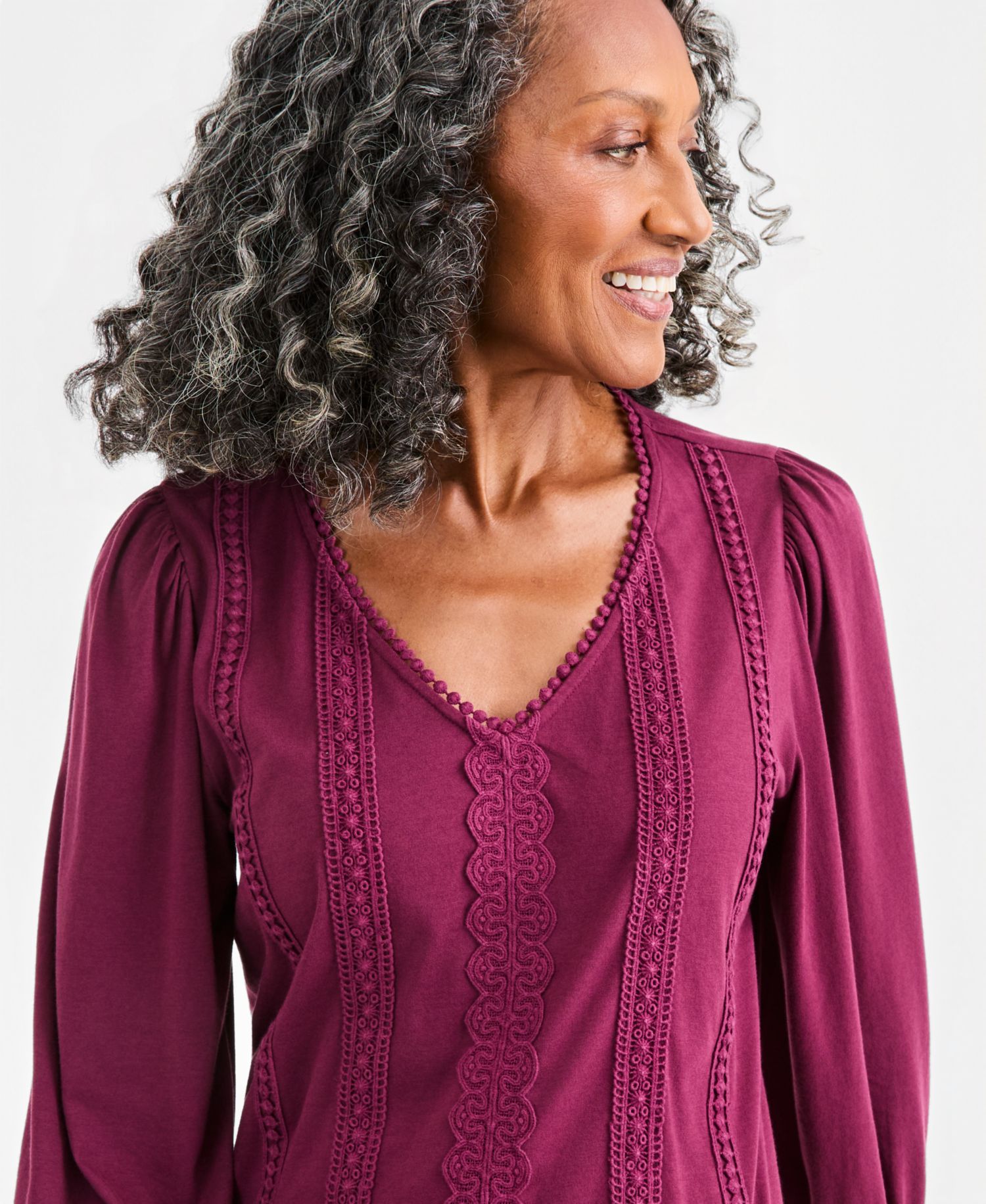 Women's 3/4-Sleeve V-Neck Embroidery Trim Top