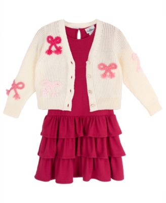 Girls' 7-16 Bow-Embellished Cardigan and Tiered Dress, 2-Piece Set