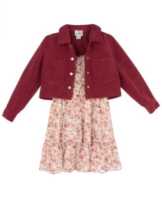 Girls' 7-16 Floral Lurex Chiffon Dress and Corduroy Jacket, 2-Piece Set