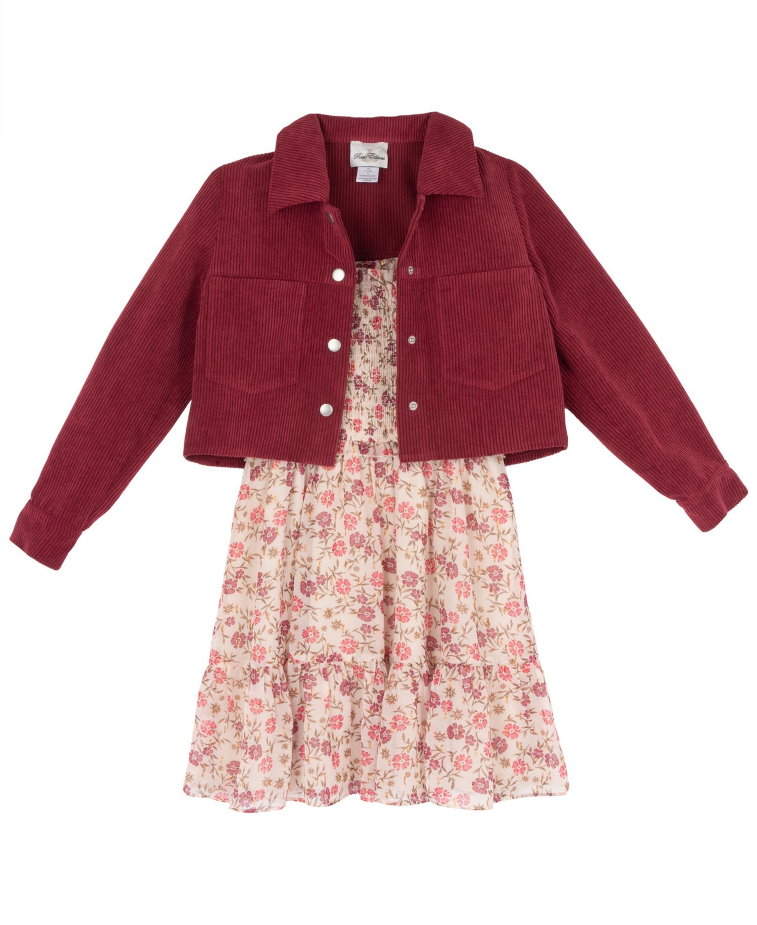 Girls' 7-16 Floral Lurex Chiffon Dress and Corduroy Jacket, 2-Piece Set