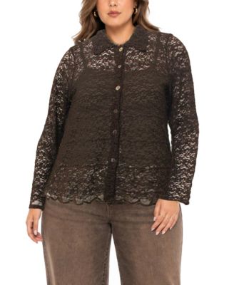 Plus Size Long-Sleeve Lace Floral-Edge Shirt