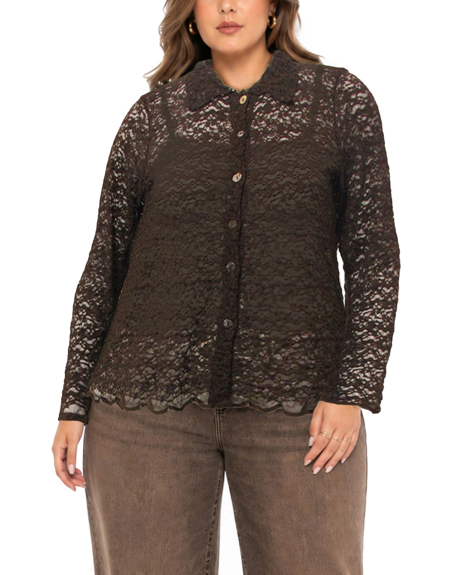 Plus Size Long-Sleeve Lace Floral-Edge Shirt