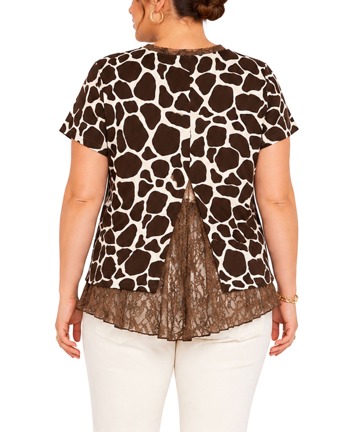 Plus Size Giraffe Print Lace Pleat Back Top