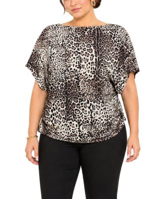 Plus Size Leopard-Print Boat-Neck Batwing Short-Sleeve Top