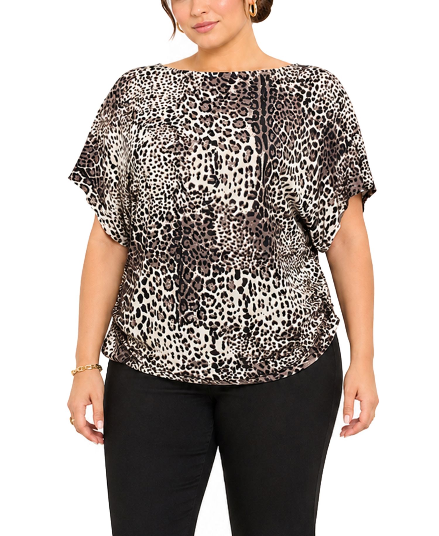 Plus Size Leopard-Print Boat-Neck Batwing Short-Sleeve Top