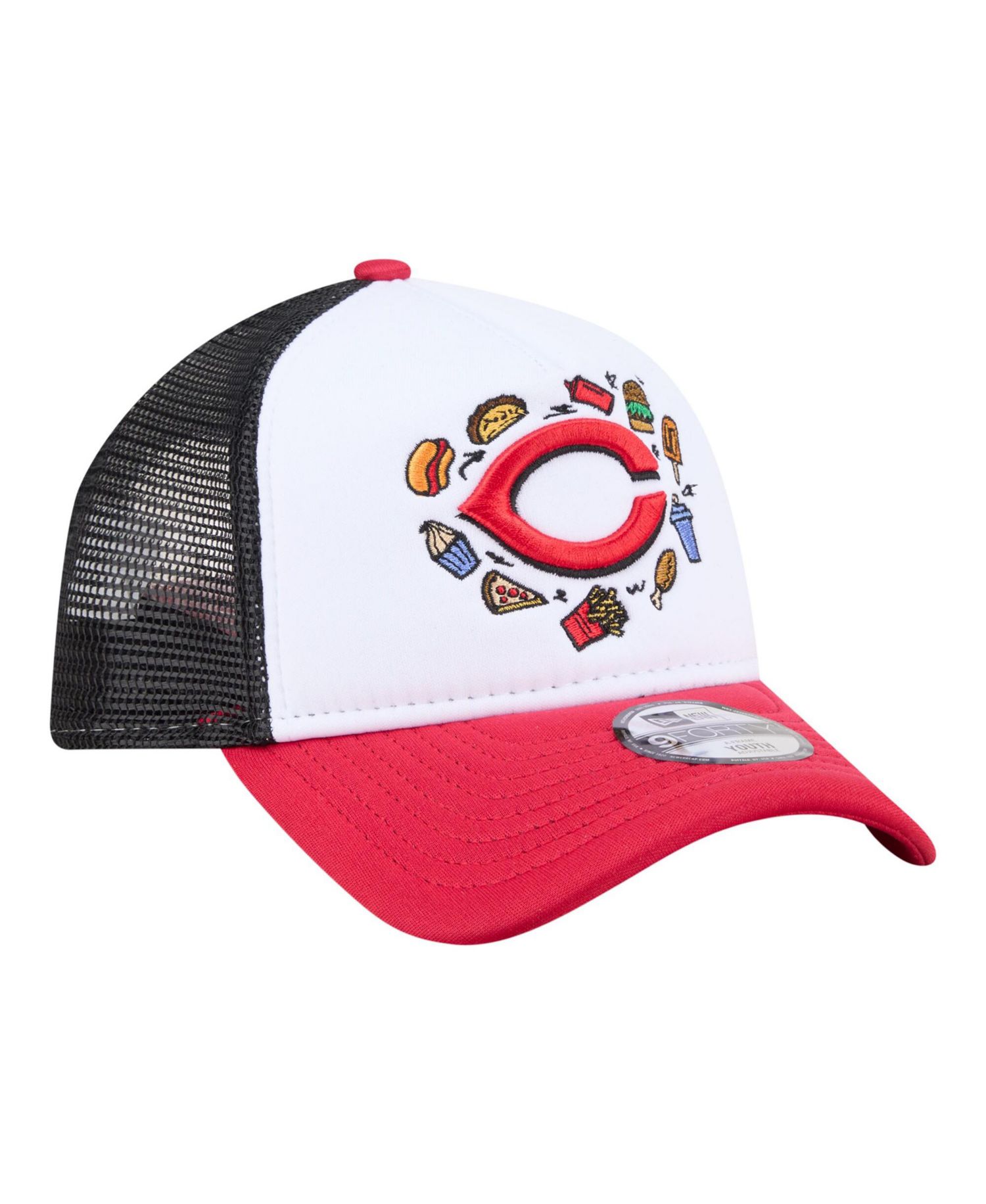 Big Boys and Girls White/Red Cincinnati Reds Food A-Frame 9FORTY Trucker Adjustable Hat
