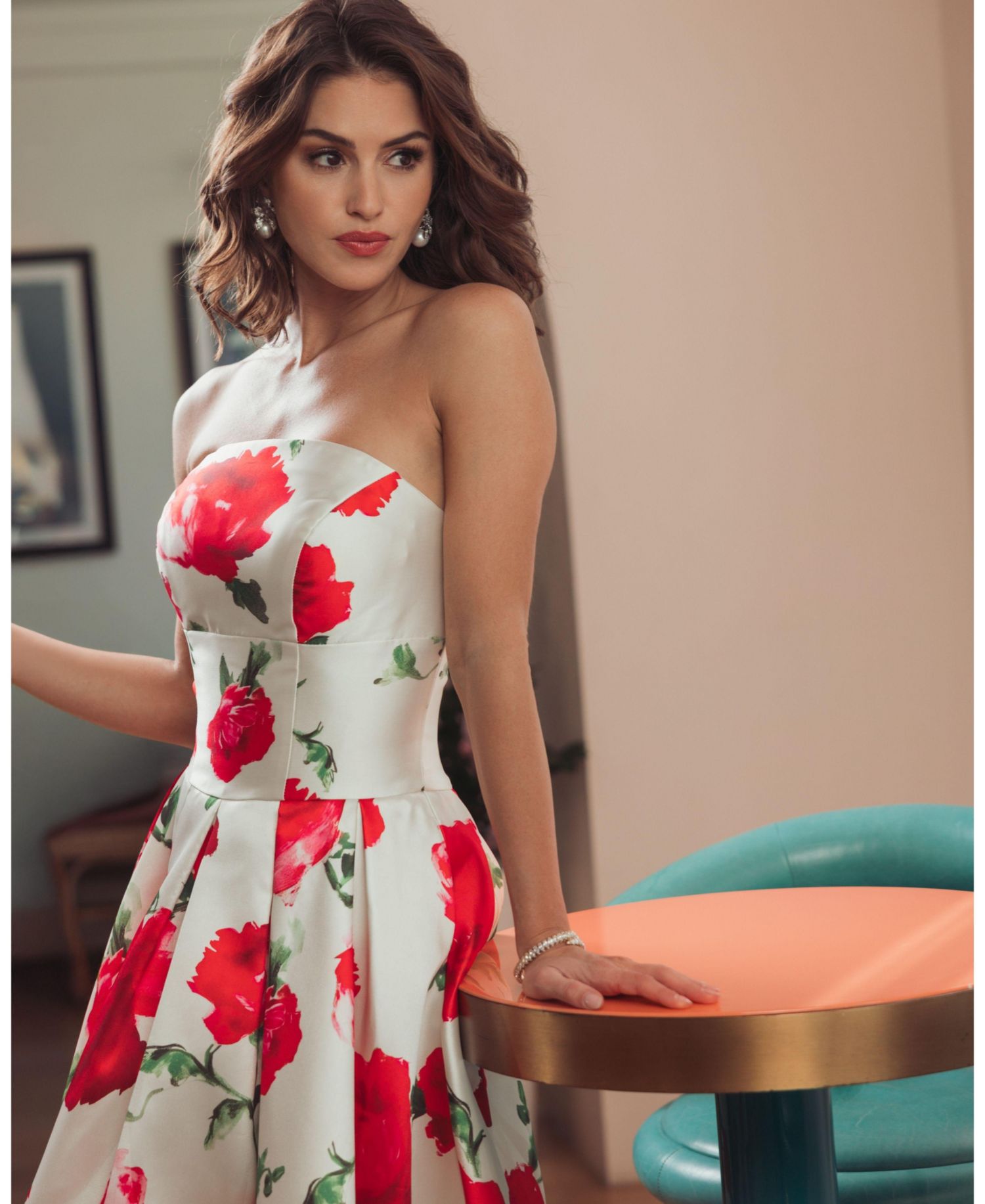 Women's Strapless Floral Print A-Line Midi Dress
