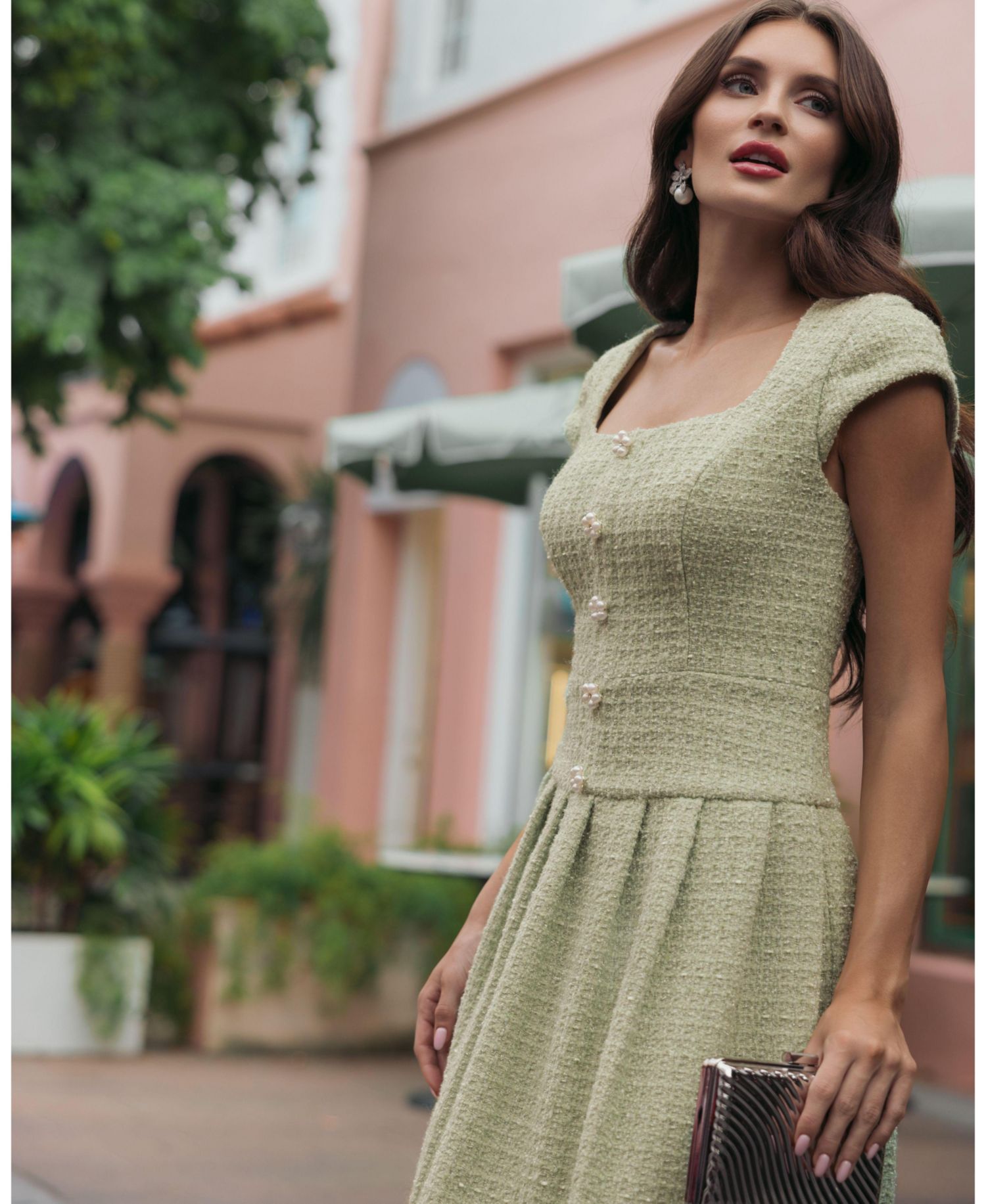 Women's Boucle Cap Sleeve Pleated Skirt Mini Dress