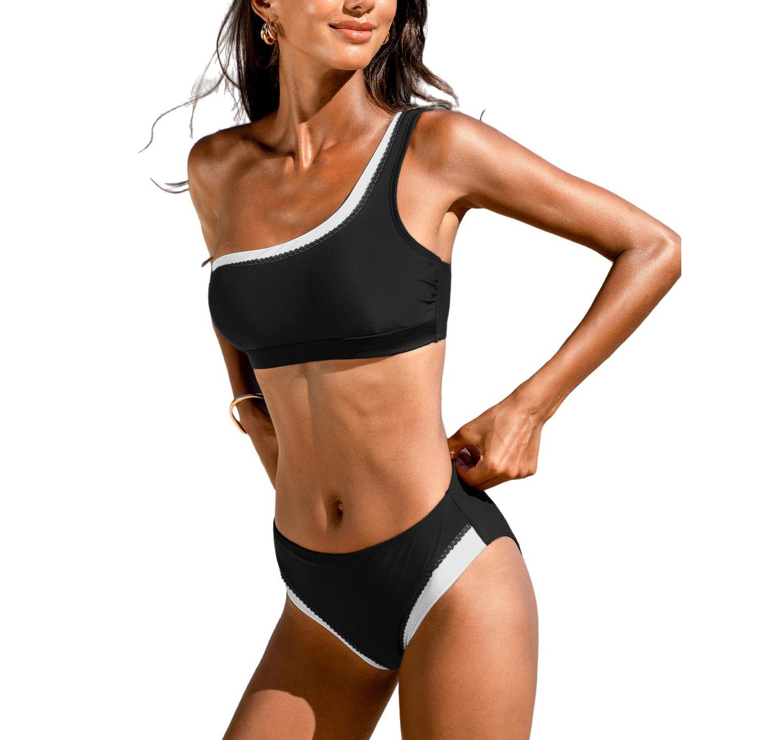 Women's One-Shoulder Scallop-Trim Bikini Set