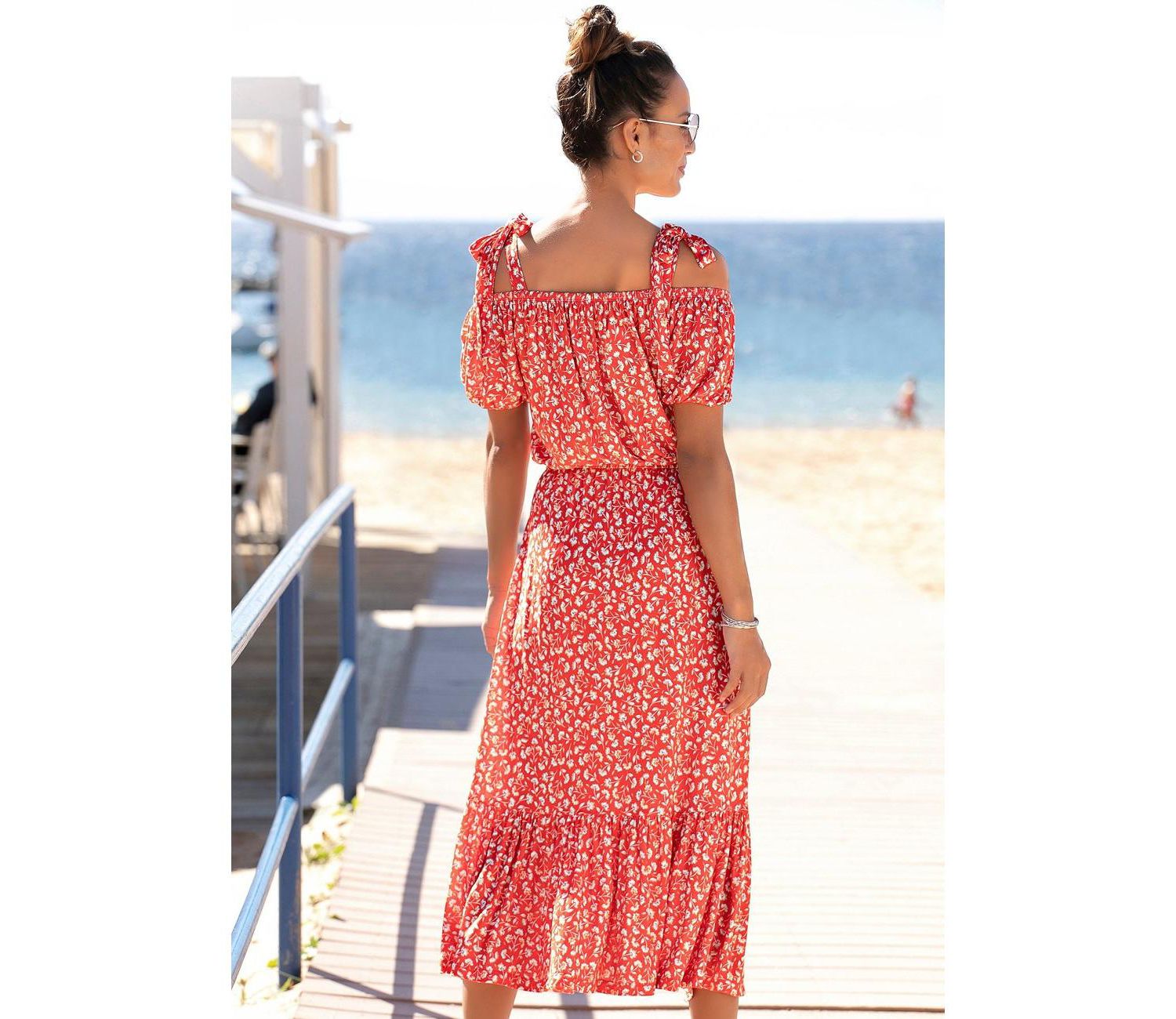 Women's Viscose Floral Print Pattern Elastic-Waist Midi Dress