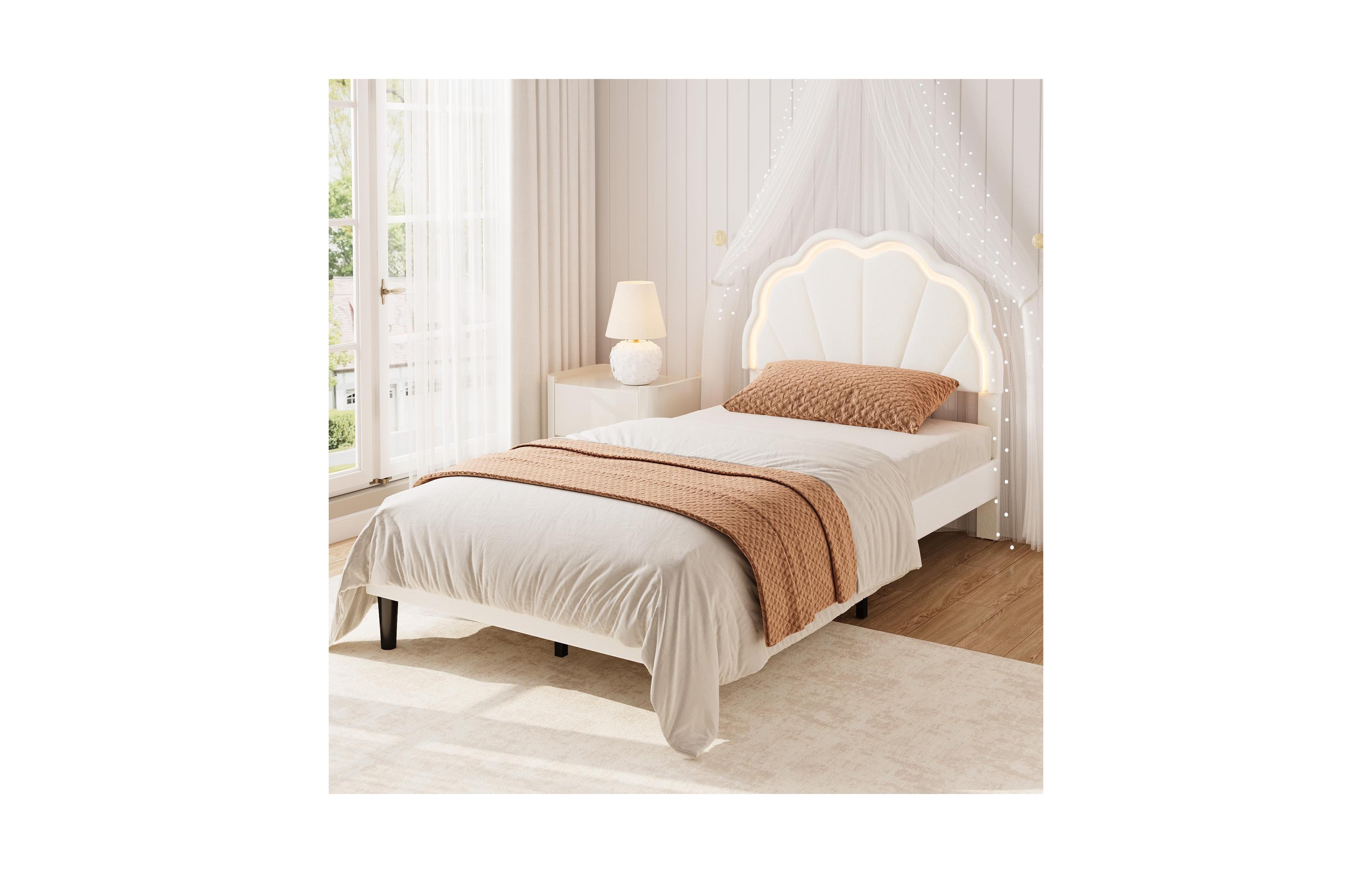homfan Twin Bed Frame – Velvet Platform Bed with Adjustable Seashell Headboard and Led Light, Under Bed Storage, No Box Spring Needed