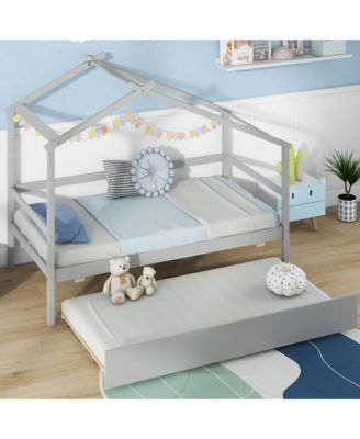 Twin House Bed With Trundle With Roof and Fence Rails Wooden Platform Bed Frame