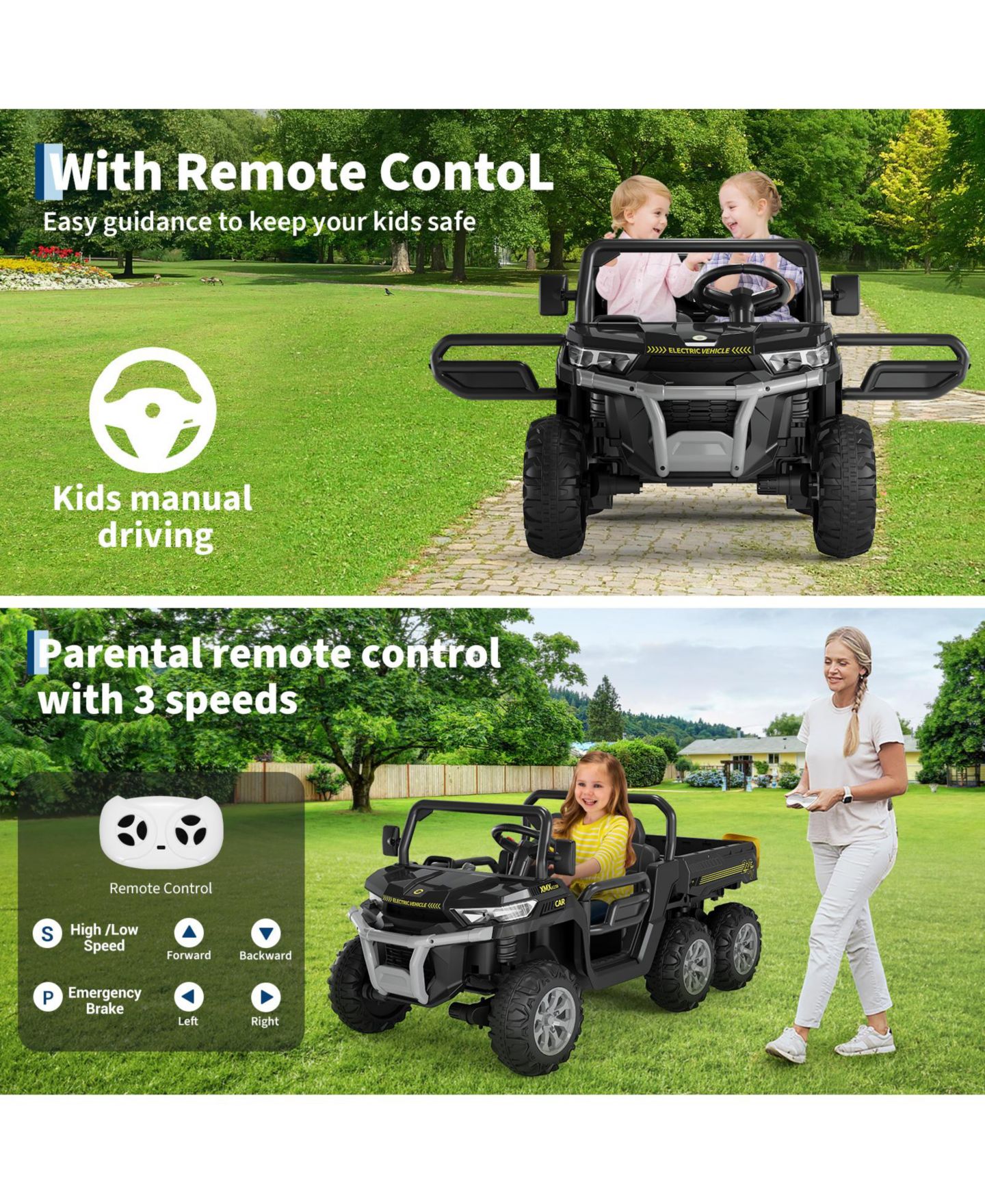Детские игрушки homfan 24V 2 Seater 4WD 6 Wheel Electric Ride On Dump Truck – UTV Car with Remote Control, Electric Dump Bed, LED Lights, MP3, Safety Belt, цвет: Чёрный — фото 4