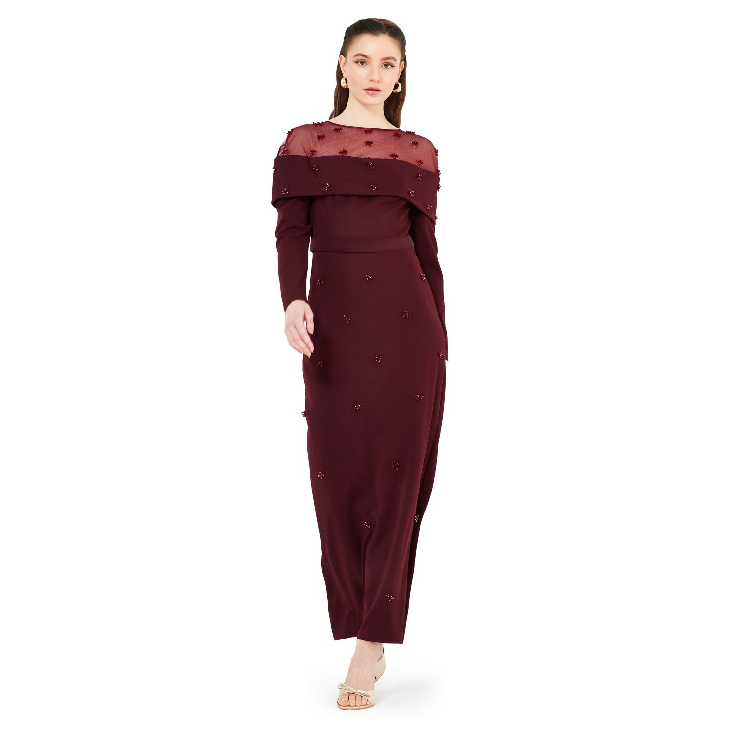 Hand Embellished Tulle Panel Bardot Dress