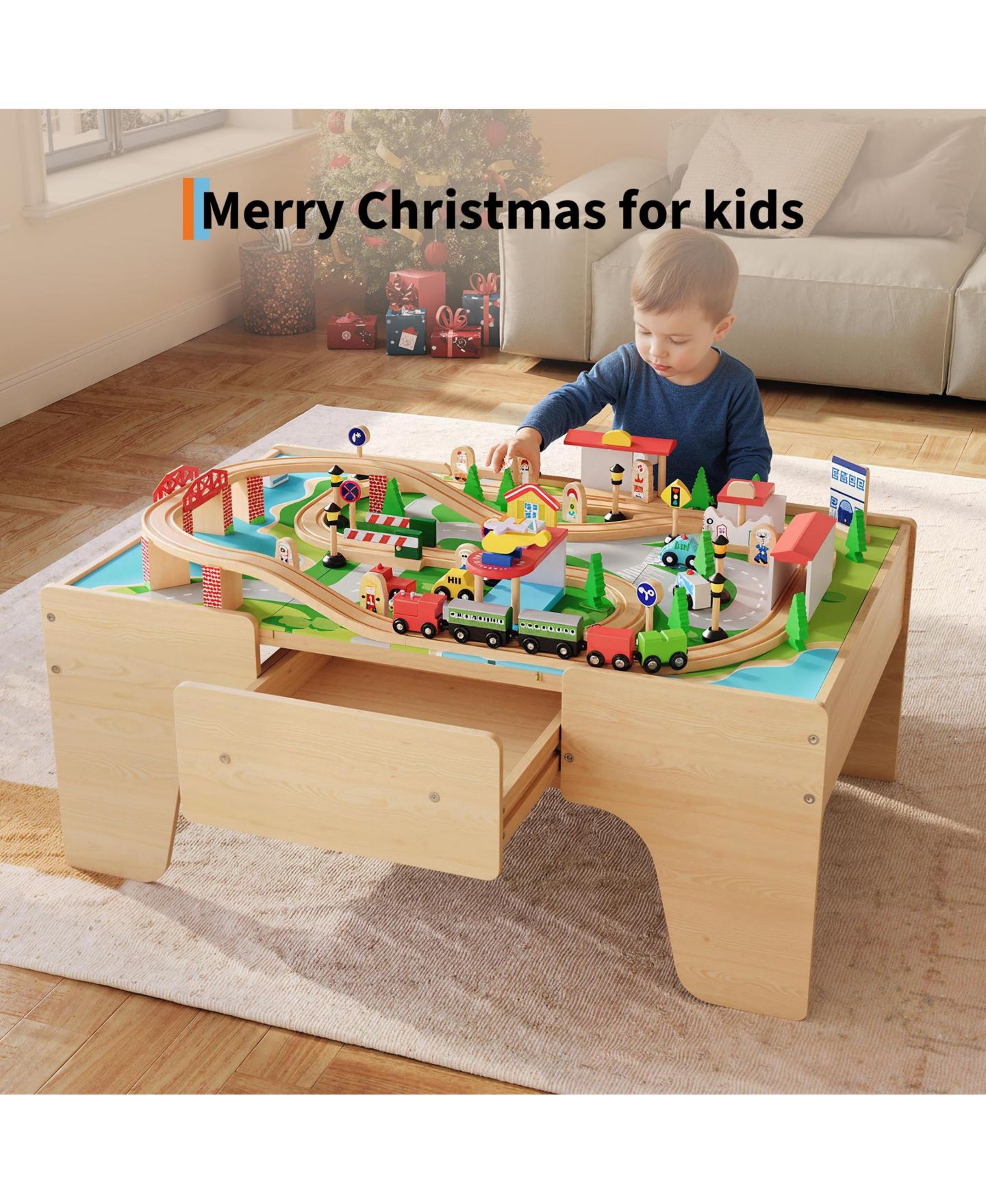 Детские игрушки homfan 84-Piece Wooden Train Activity Table with Storage — фото 6