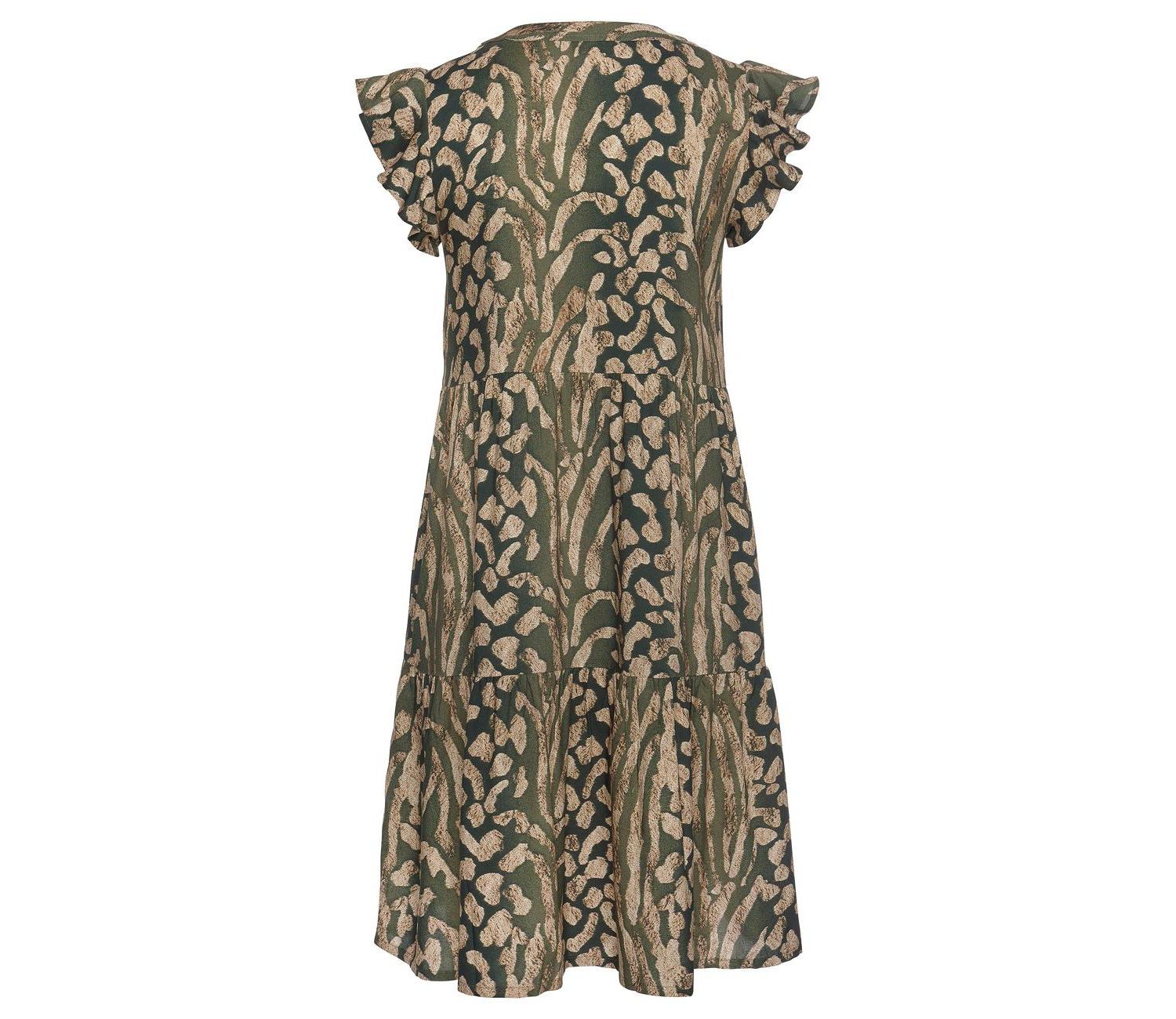 Women's Viscose Animal Print Tiered Ruffle-Trim Notch-Neck Short Dress