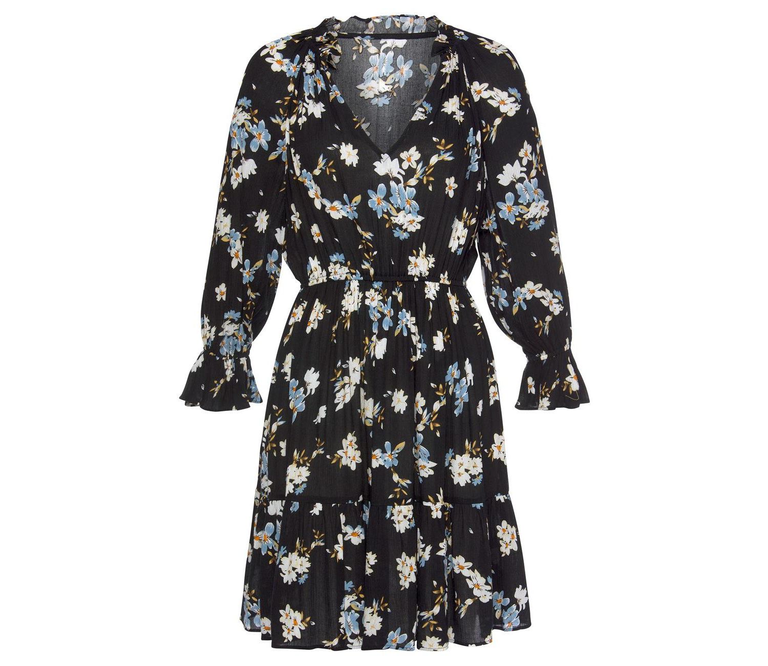 Women's Viscose Printed Ruffle 3/4 Sleeve Lace Elastic-Waist Short Dress