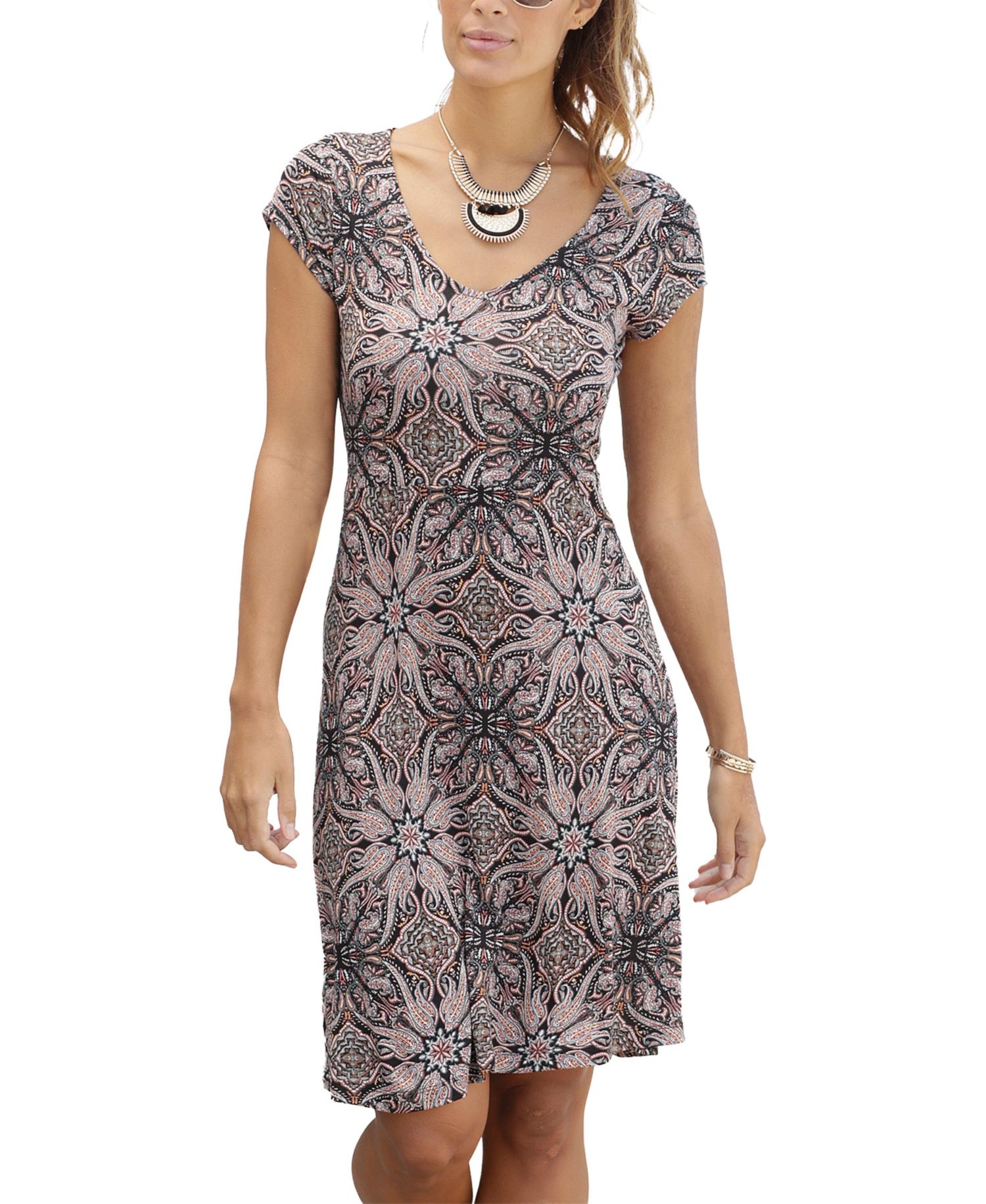 Women's Viscose Printed Short Sleeve A-Line V-Neck Short Dress