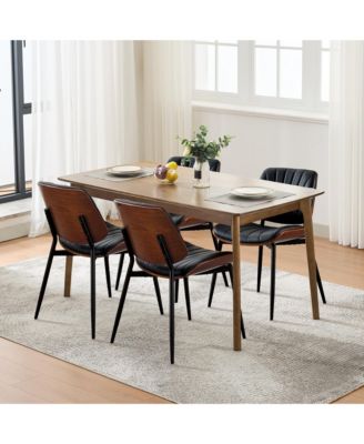 Mid-Century Dining Chairs Set of 4, PU Leather Seats, Walnut Bentwood Backrest, Metal Legs, Stripe Design, for Dining and Kitchen
