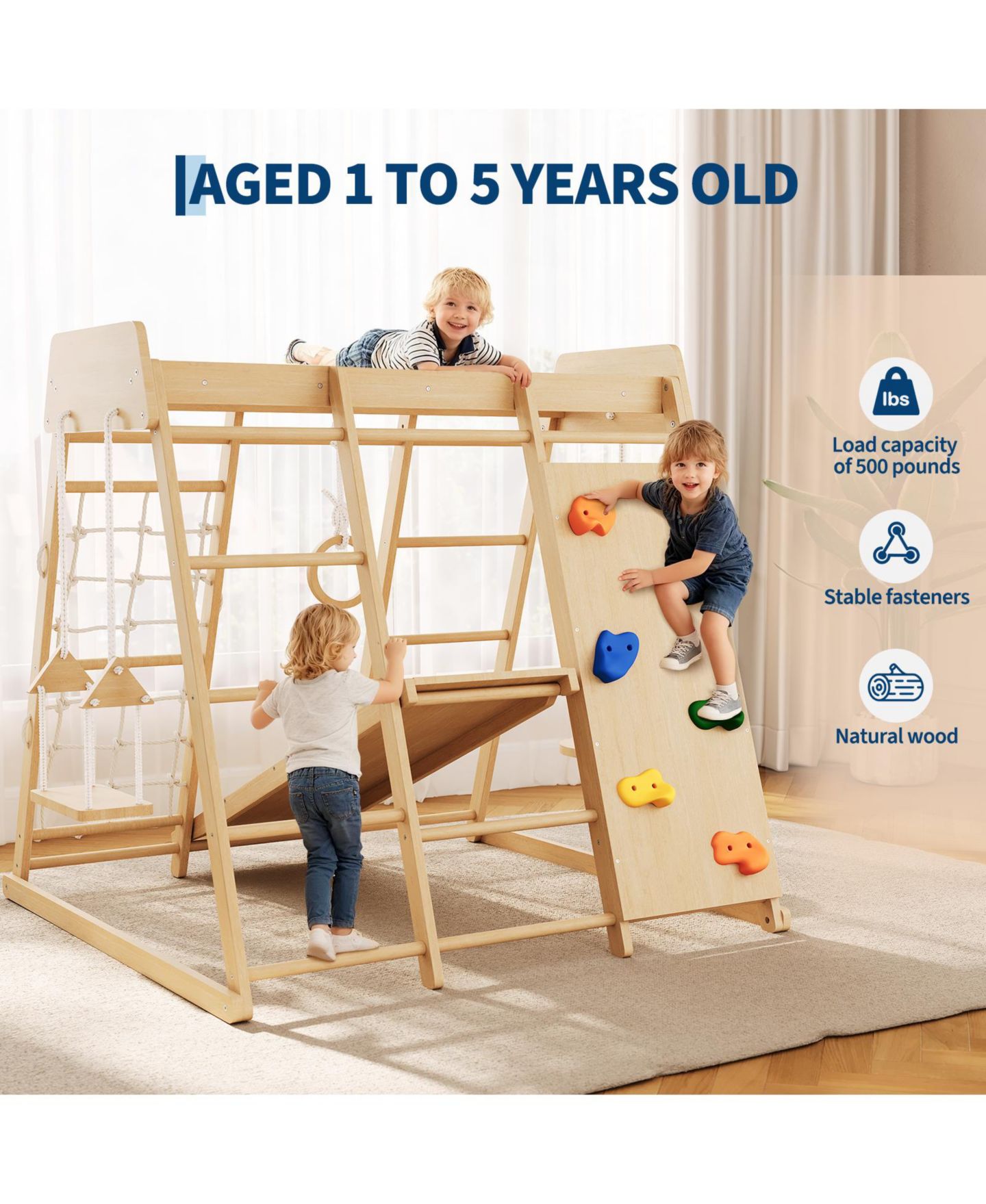 Детские фигурки homfan 6 in 1 Wooden Indoor Jungle Gym, Wood Climbing Playset with Slide and Monkey Bars for Kids Ages 1 to 8, цвет: Жёлтый — фото 7