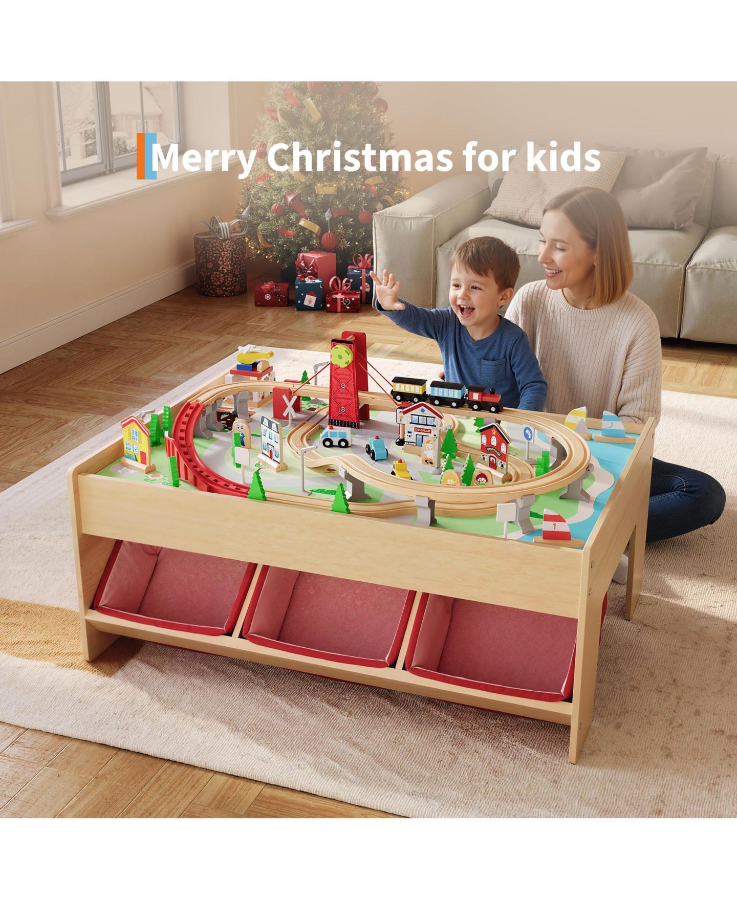 Детские игрушки homfan Multi-Level Tracks 92-Piece Wooden Train Activity Table with Storage — фото 7