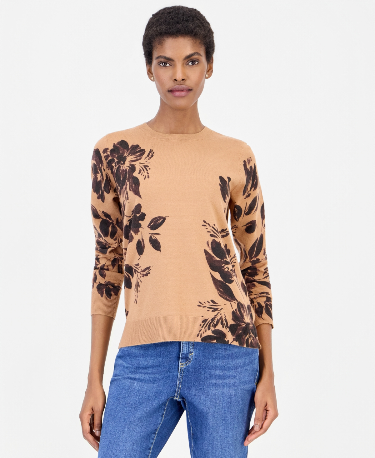 Style & Co Petite Crewneck Long-Sleeve Floral-Print Sweater, Macy's Exclusive