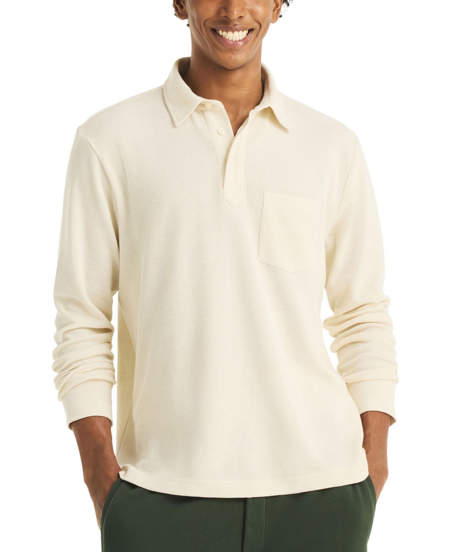 Men's Waffle-Knit Cotton-Blend Long-Sleeve Polo Shirt