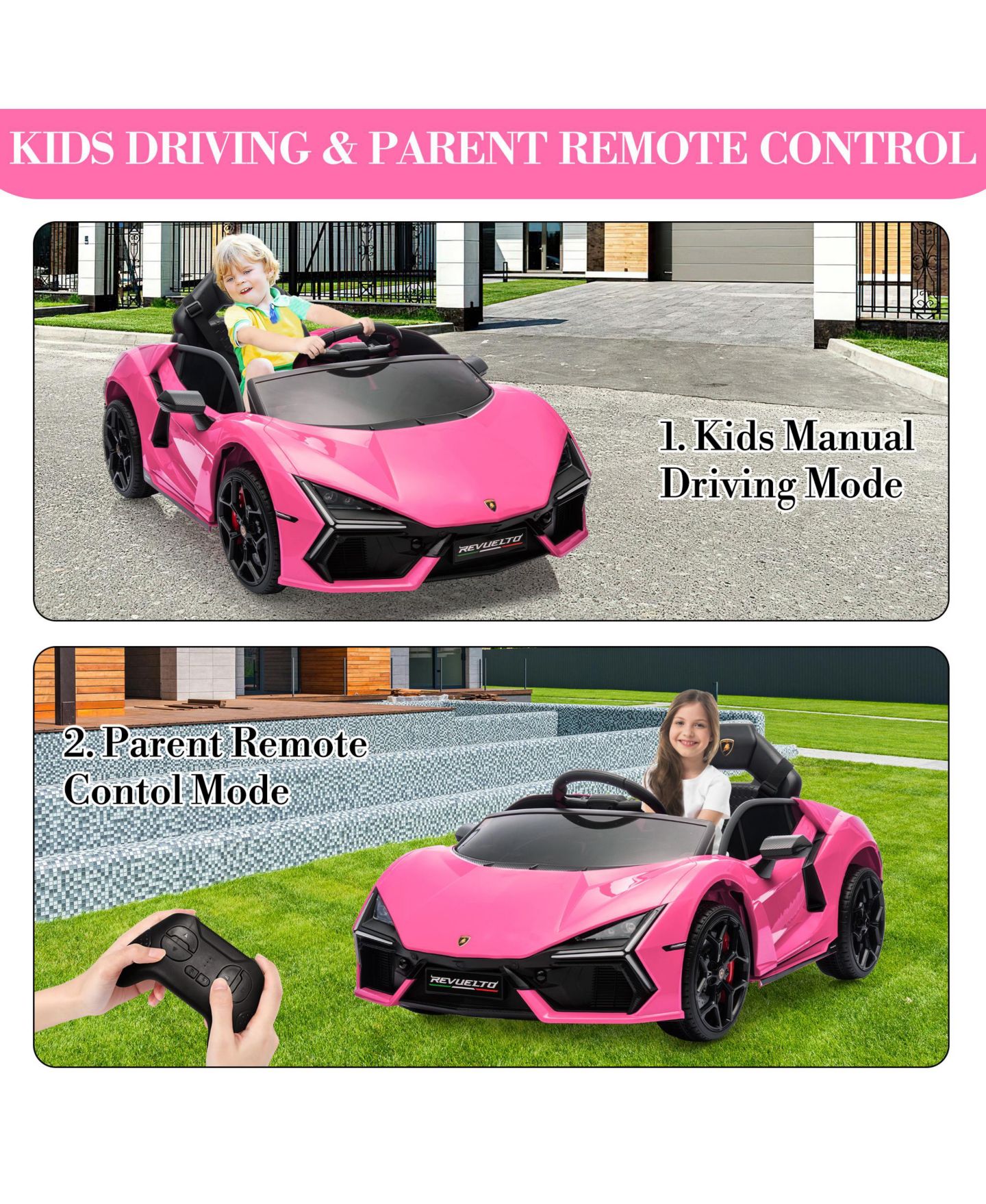 Детская игрушка homfan Lamborghini Revuelto Remote Control Battery Powered Ride-On Car, Ages 3+, цвет: Розовый — фото 8