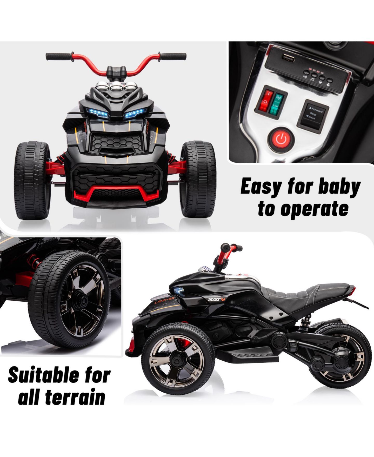 Детская игрушка homfan Powerful 12V 3-Wheel Electric ATV Motorcycle with Remote Control, 66 lbs Capacity, Ages 3+, цвет: Чёрный — фото 7