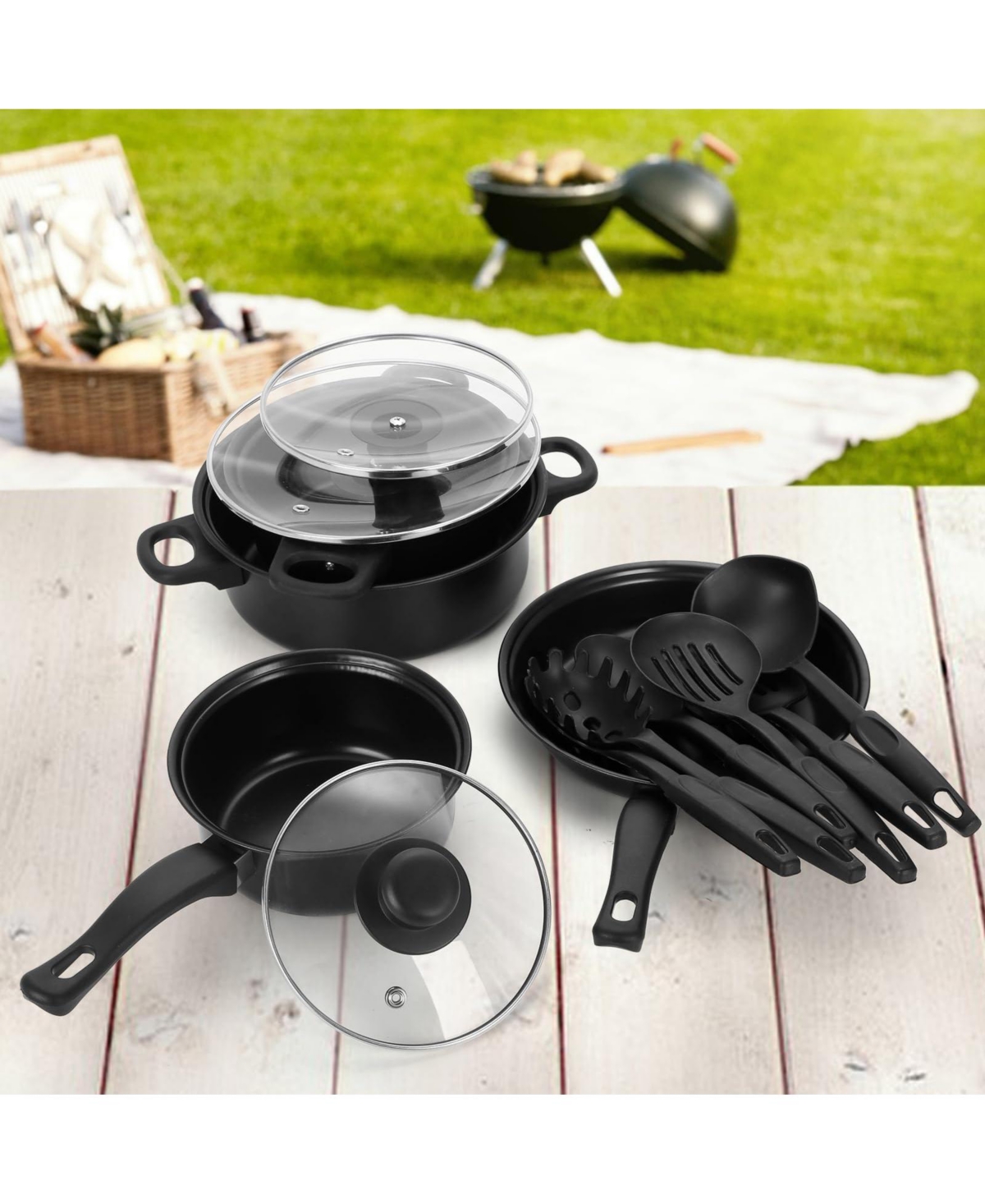 Piscifun 13 Piece Non Stick Cast Iron Cookware Set With Lids Utensils For Outdoor Camping Travel