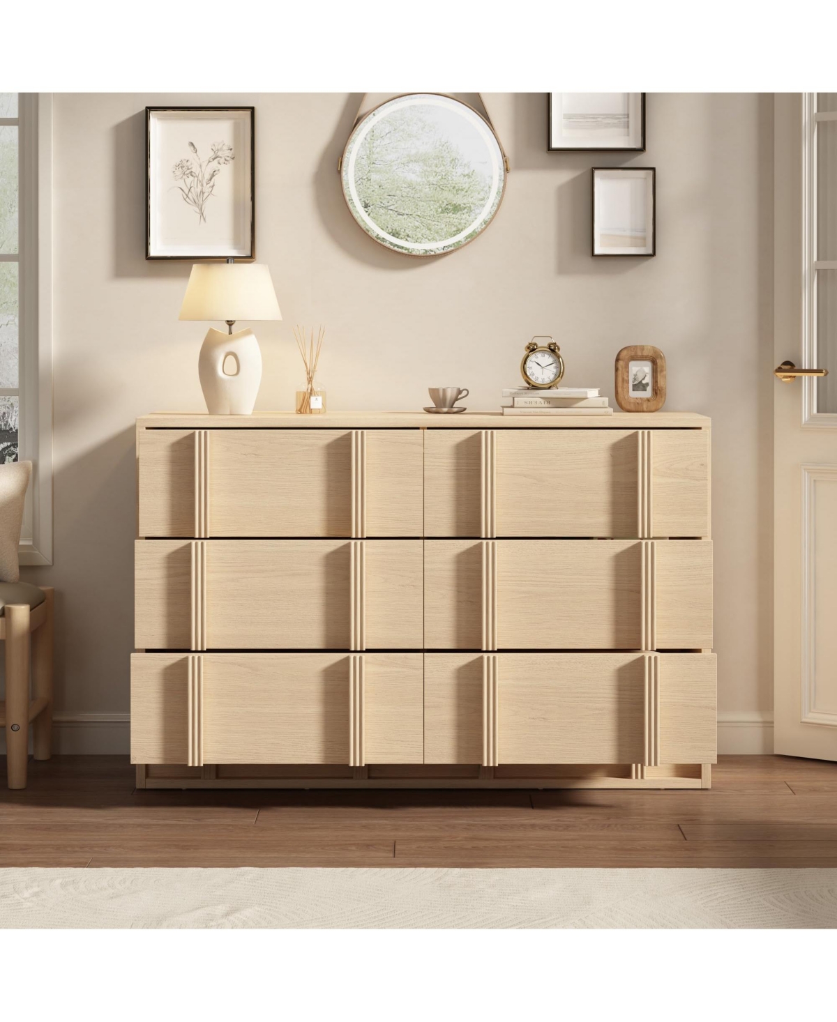 homfan 47.2 Inches Tv Stand with 6 Drawers, Wood Media Console with Elegant Pulls, Modern Entertainment Center for Living Room, Bedroom, Entryway - Na