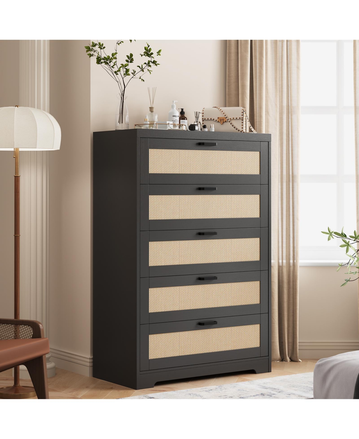 homfan Modern Rattan Hallway Storage Cabinet with 5 Drawers and Power Outlets, Wooden Entryway Chest Metal Handles, Organizer for Bedroom