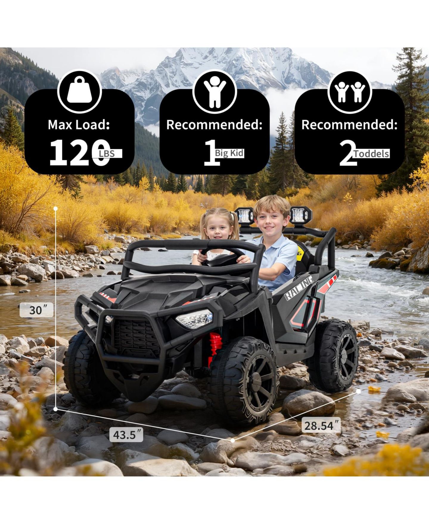 Детская игрушка homfan 2-Seater Electric UTV Ride-On Truck, Remote Control, 4-Wheel Suspension, Gradual Power-Up, 3 Speeds, LED Lights, Wireless, цвет: Чёрный — фото 2