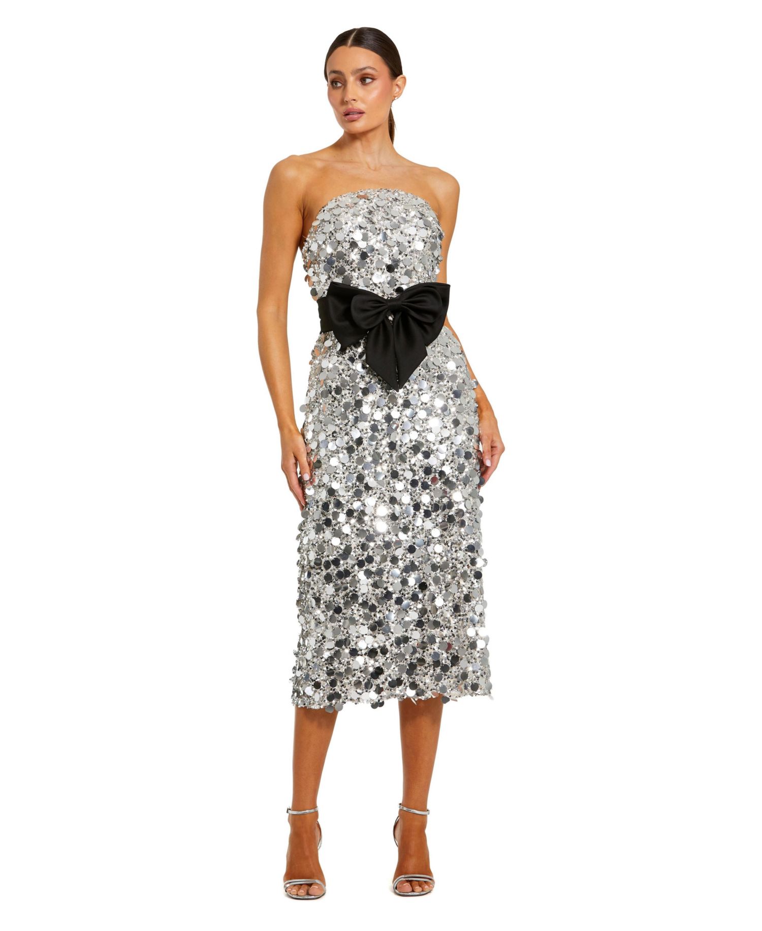 Women's Strapless Paillete Column Midi Dress With Bow